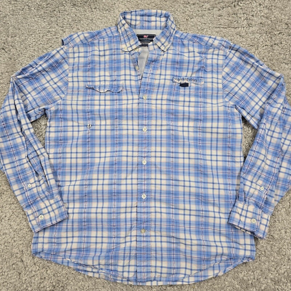Vineyard Vines Harbor Shirt Mens‎ Medium Blue Plaid Performance Fishing Preppy
